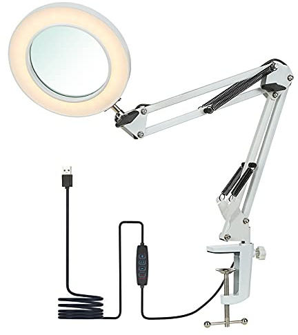 Meichoon skrivbordslampa med förstoringsglas, 10X förstoring, 64 LED-lampor, 3 dimningslägen, USB-strömförsörjning, handsfree förstoringsglas med klämma för reparation, hantverk, läsning, hobbyer,