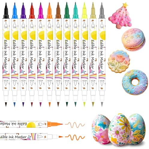 Food Coloring Marker Pens,12Pcs Dual Sided Food Grade and Edible Markers with Fine&Thick Tip,Edible Pen Gourmet Writers for Decorating Cake,Cookies,Fondant,Frosting,Easter Eggs,Painting,Drawing,Baking( For 12+ Year Old)