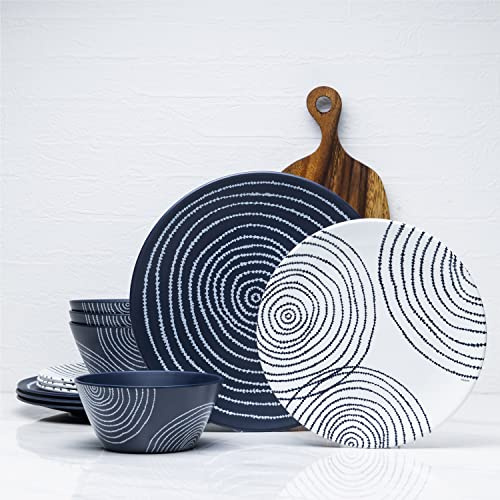 bzyoo Blue Planet Collection - Set di stoviglie in melamina da 12 pezzi, resistenti, lavabili in lavastoviglie, piatti blu e ciotole, per sala da pranzo, feste e campeggio
