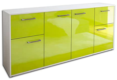 Lqliving Kommode Sideboard Georgina, Korpus in Weiss matt, Front im Hochglanz-Design Grün (180x79x35cm), inkl. Metall Griffen, Made in Germany