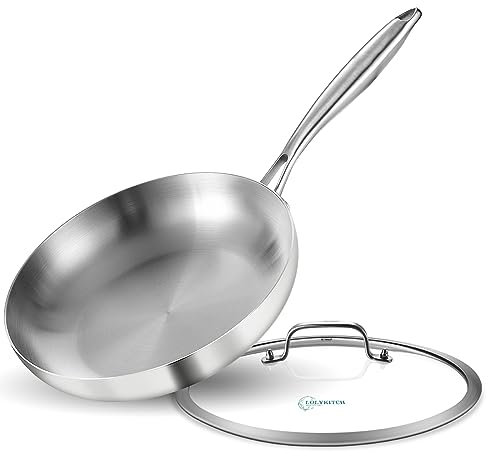 LOLYKITCH 30 CM Tri-ply Stainless Steel Frying Pan with Lid,Induction Cooking Pan,Oven Safe and Ergonomic Detachable Handle