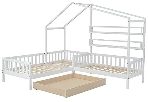 Azkoeesy Hausbett Kinderbett mit großer Stauraum Schublade und Ablage für 2 Kinder 90 x 200 cm & 70 x 140 cm Weiß
