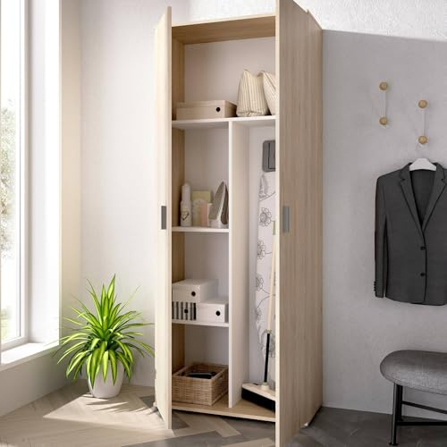 Dmora - Armadio multiuso 2 ante Forcola, Mobile multifunzione porta scope, Guardaroba porta scarpe, 78x35h190 cm, Rovere