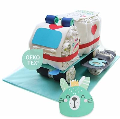 myBambini ® Tarta pañal ambulancia con calcetines de bebé [regalo para socios y rescate profesional]- Regalo de nacimiento - Baby shower - Bebé