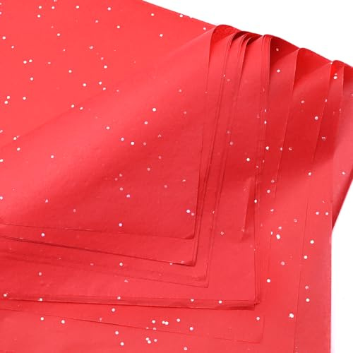 50pcs 50×35cm Red Glitter Tissue Paper,Metallic Silver Little Sparkles Dotted Wrapping Paper Bulk for Valentine's Day Christmas Wedding Birthday DIY Gift Decorations
