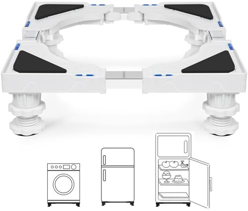 Humagineer Support Machine à Laver avec 4 pieds rembourrés verrouillables, Réglable Largeur 40-62cm et Hauteur 10-12.5cm, Socle Lave Linge Charge 200KG, Bases de Réfrigérateur et Sèche-Linge, Blanc
