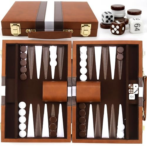 Backgammon, 15 Zoll Backgammon Koffer, 2 Spieler Reisebackgamon, Tragbare Reise-Ausführung mit hochwertiger Leder-Box und 30 künstlichen Horn-Checkern