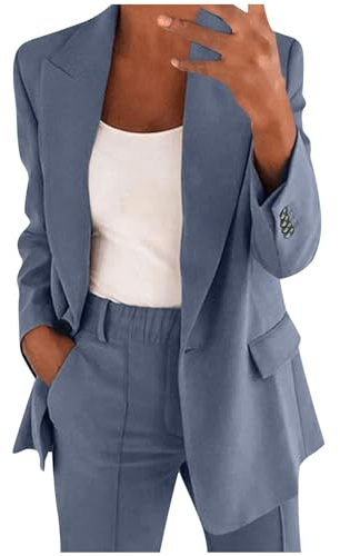 Women Two Piece Lapels Suit Set Office Business Long Sleeve Button Formal Jacket Pant Suit Slim LooseTrouser Jacket Suit Pant Suite of Women Sparkly Pants Suit for Women Blue