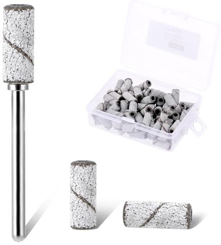 80 Pcs Nail Drill Bit Small Sanding Bands for Nail Drill, Nails Sanding Drills Bits Set with 5.2mm Mini Mandrel Bit 180 Grit Sand File for Nails Tech Must Haves (White)