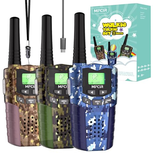 Rechargeable Kids Camouflage Walkie Talkies 3 Pack Long Range, 48H Work 7D Standby, LED Flashlight,Outdoor Camping Games Toys Gifts for 3-12 Year Old,Ideal Birthday for Boys & Girls
