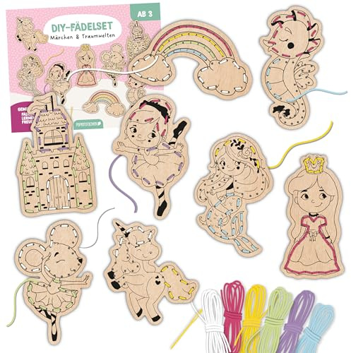 Papierdrachen DIY-trådsats av trä för barn - Sagor - 8 träfigurer - 6 färgstarka snören - plastnål - kreativt hantverk för att främja finmotorik