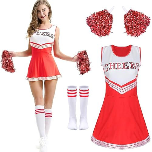 HBSFBH Cheerleader Kostüm Damen, Cheerleader Outfit Rot Cheerleader Kostüm mit Cheerleader Pompons und Socken, Cheerleader Kleid Outfit, Cheerleading Kostüm, Rotes Cheerleader Outfit Fastnacht (L)