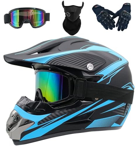 Casco Motocross Niño, Casco Cross Motocicleta MX para Mujer Hombre Adultos y Infantil, Casco de Moto Integral Casco Descenso con Gafas Máscara Guantes(A Blue,S(52-53cm))