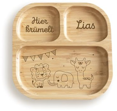 hellomini Personalisierter Babyteller mit Saugnapf – Individueller Kinderteller aus hochwertigem Bambusholz – Geschenk zur Geburt & Taufe – BPA-frei (Safari, Nur Teller)