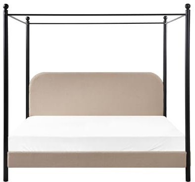 Beliani Letto a baldacchino retrò minimalista UE 180 x 200 cm Telaio in metallo nero Doghe in legno di pioppo Boucle Rivestimento tortora