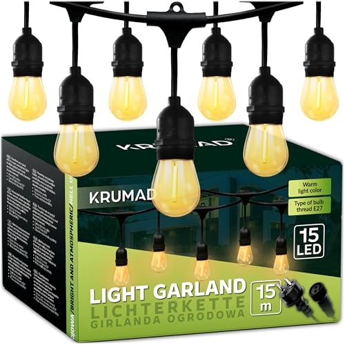 KRUMAD Cadena de luces LED para exteriores, 15 metros, bombillas E27, luz blanca cálida, 2700 K, resistente a la intemperie, IP44, para jardín, balcón, terraza, decoración de jardín para exteriores