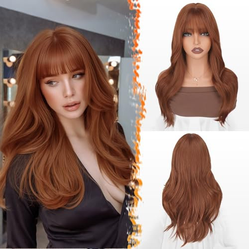 BARSDAR Parrucca Lungo Auburn con Frangia, 50cm Layered Parrucca con Frangia per le Donne Naturali Sintetici Ondulato Auburn Capelli Parrucche Uso Quotidiano Partito Cosplay Wear