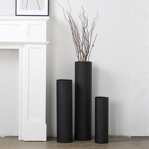 Dnnnii Tall Floor Vases Set of 3 - Black Metal Cylinder Vases for Living Room Corner, Modern Honeycomb Texture, Extra Large Standing Decor (Tallest 70 cm, Home Bedroom Dining Decor)