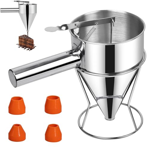 Imbuto a Pistone in Acciaio Inox 1,2L Imbuto Dosatore per Pasticceria Imbutos Dosatore, Dispenser per Pastella per Pancake in Acciaio Inossidabile, Multi Calibro Bocca in Silicone, Per Pancake, Dolci