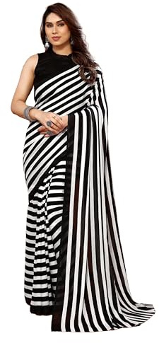 SAREE for WOMEN ETHNICMODE Indian Printed Georgette Light Weight Party Wear White Sari With Unstitched Black Blouse Piece-1117