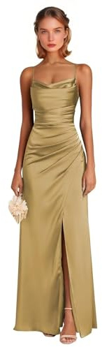 Generic Robes de demoiselle d'honneur en satin pour femmes, sirène, robe de soirée formelle avec fente, bretelles spaghetti, col rucheté, robe de bal pour invitées, doré, 36