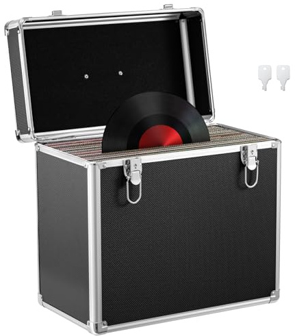 Trintion Schallplatten Aufbewahrung 50 LP Plattenkoffer Schallplattenkoffer Tragbarer Abschließbarer Vinyl Koffer für 12-Zoll Schallplatten Schutzbox mit Transportfunktion Record Case Schwarz