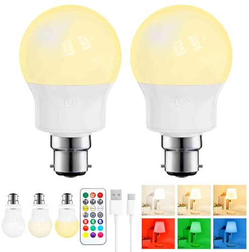 Ampoule LED Rechargeable avec Télécommande, Ampoule Sans Fil Magnétique B22 Dimmable 480LM, 3 Températures de Couleur + 9 Couleurs RGB, 3 Timer, pour Lampes Murales, Camping & Urgence, Lot de 2
