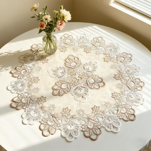 URROMA Centrino rotondo in lino, 60 cm, motivo floreale marrone, decorazione per tavolo, tovaglietta decorativa con ricamo, per cucina, casa, sala da pranzo
