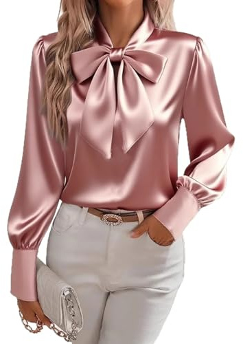 HESYSUAN Camicie da donna in raso con collo a fiocco, eleganti camicette di seta a maniche lunghe casual eleganti per business e lavoro, top per donna 2025, rosa, L