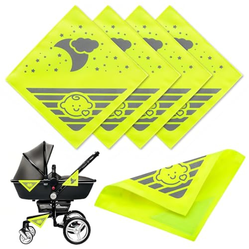 Riflettori per Passeggino,Adesivi Riflettenti con Chiusura a Velcro,Set Universale di Bande Catarifrangente Passeggino per Passeggini,Biciclette e Rimorchi,Giallo Fluorescente,4 Pezzi