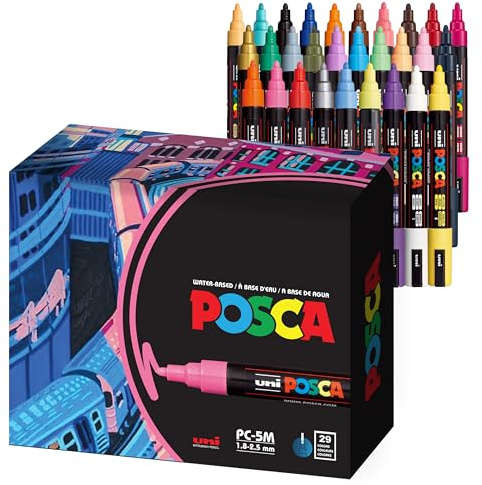 Uni Posca Paint Markers, 5M Medium Acrylic Markers with Reversible Tips, Artist Recommended For Gifts, Decorations, Fabric, Metal, Glass, Wood and Canvas, Assorted Colors, Set of 29