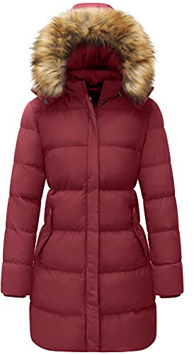 WenVen Lång vinterkappa för kvinnor, vindtät quiltad jacka, tjock jacka, varm vadderad kappa, vinterparkas med fuskpälshuva, Röd röd, M