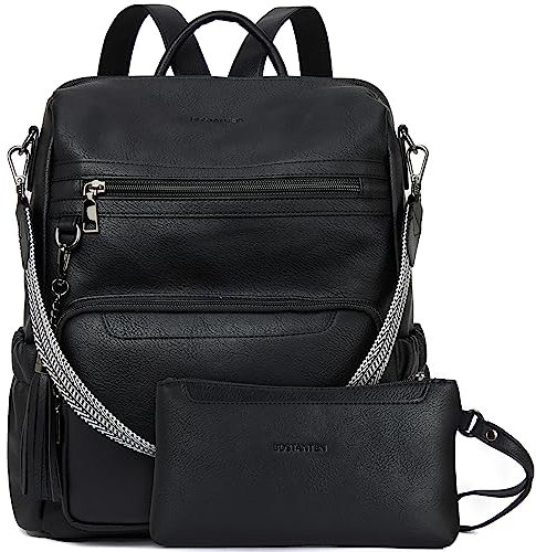 BOSTANTEN 2 Pieces Leder Rucksack Damen Freizeitrucksack Reise Handtasche Rucksackhandtasche Tagesrucksack mit Handgelenktasche Schwarz