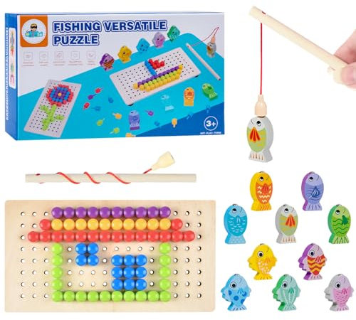 AUAUY 85PCS Button Art Toys for Toddlers, Mushroom Nails Pegboard & Wooden Magnetic Fishing Game, Mosaic Jigsaw Puzzle Kid Toy, Early Learning Educational Toys Christmas Birthday Gift for 3+ Kids