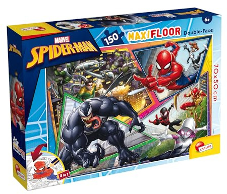 Lisciani - Marvel Spiderman - Puzzle Double Face Maxifloor -150 Pièces - pour Enfants dès 6 Ans - 70x50cm - Grand Puzzle Supe Héros Avengers Double Face à Colorier - Développe Réflexion et Dextérité