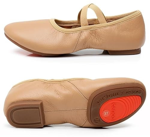 TYNXK Ballet Slippers Genuine Leather Jazz Shoes Jazz Dance Shoes Tan Black Antiskid Sole Adults Dance Sneakers For Girls Women Ballet Pumps (Color : Tan Rubber sole, Size : 39)