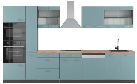 Vicco Küchenzeile R-Line, Blau-Grau/Anthrazit, 350 cm mit Hochschrank, AP Eiche, zur flexiblen Erweiterung durch zusätzliche Module geeignet