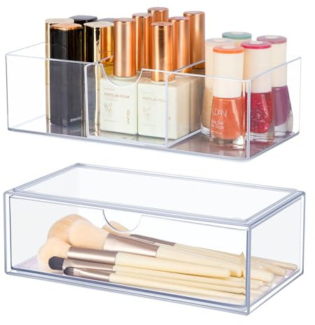 FoiiLiio Make up Kosmetik Organizer Set of 2, Stapelbarer Acryl-Kosmetikkoffer mit Schubladen, Make Up Aufbewahrung Transparent, für Schlafzimmer Schminktisch Badschrank Spiegelschrank Innen