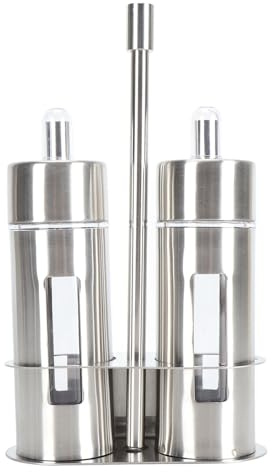 Restokki Oil and Vinegar Cruets 80ml Stainless Steel Dispenser with Base Stand Transparent Window for Kitchen