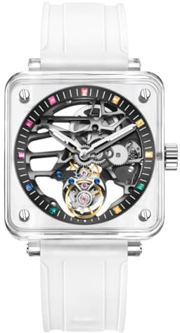 SEAKOSS Aesop Transparente Tourbillon Mechanische Uhr Skelett Aushöhlen Luxus Saphir Wasserdicht Automatische Herren Gummi Armbanduhr, Farbige Edelsteine