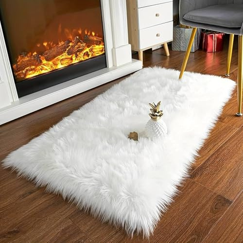 Faux Lambskin Sheepskin Rug 60 x 90 cm, Faux Lambskin Rug Fluffy Soft Fur Rugs Longhair Fur Imitation Lambskin Carpet for Chairs Sofa Bedroom Children's Room (White, Rectangular)