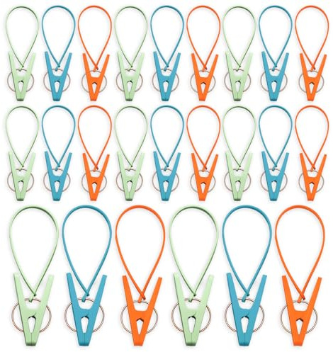 24 Pack Plastic Clothes Pins with Rope, Mini Clothesline Clips Multicolor Windproof Drying Clothing Pegs for Hanging Socks Hats Pants Bras Underwears Towel Photo Crafts