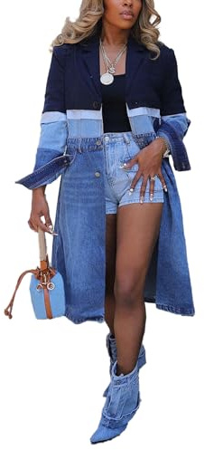 Tbahhir Denim Patchwork Blazer Suit Trenchcoat for Women Tunic Outerwear Oversized Lightweight Maxi Outercoat