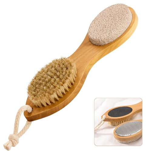 DARNOC Cepillo Espalda Ducha de Madera 4 en 1 - Cepillo Exfoliante Corporal Seco y Húmedo - Cerdas Naturales Rígidas y Suaves Para Espalda y Cuerpo - Limas y Piedra Pómez Para Durezas y Callos