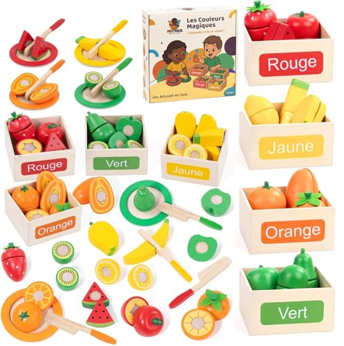 Feetique Montessori 2 Ans, Dinette en Bois Enfant, Accessoire Cuisine, 24 piéces, Jouet Enfant 3 Ans, Jeux d’éveil Enfant 2 à 5 Ans, Cadeau Enfant 2 Ans
