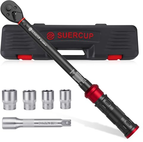 SUERCUP 1/2 tum 20–220 NM momentnyckel set 6 st. ± 3 % felnoggrannhet, med uttag (17/19/21/23 mm), 75 mm förlängningsstång, för cykel, motoro, bil och lastbil, NKW