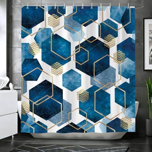 hometrixx Tenda Doccia Moderno 180 x 200 cm Blu Navy Marmo Astratto Geometrico Poliestere Impermeabile Tenda Vasca da Bagno con 12 Ganci Lavabile in Lavatrice per Casa Hotel