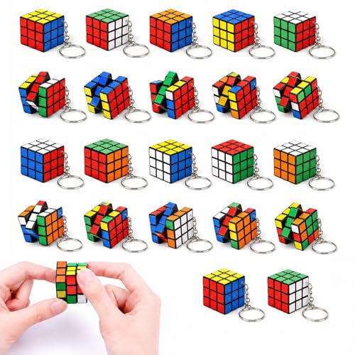 ZhouWei 24 stycken kub nyckelring 3 x 3 cm, mini magisk kub nyckelring öppen dragkedja lindra stress, snabba kub barnnyckelringar tonåring vuxna presenter till barns födelsedagar
