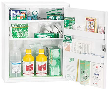 Armadietto pronto soccorso aziendale completo, conforme D.M. 388 e D.L. 81, Allegato 1, contenuto maggiorato