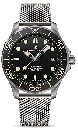 Pagani Design 007-Model Automatic Diving Watches for Men NH35 Movement, Stainless Steel Materials, Rotating Ceramic Bezel, Sapphire Domed Mirror, 100M Waterproof Mechancial Self Winding Wrist Watch